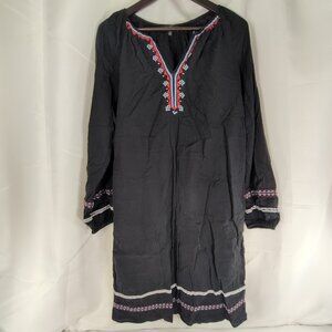 Lord & Taylor Embroidered Long Sleeve Dress Black Women M Medium Tunic Maxi Boho